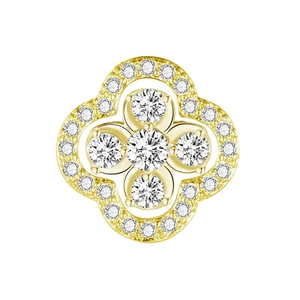 Macro shot of gold clover pendant featuring central diamonds and pave zircon stones