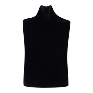 Black velvet bust jewelry display stand for showcasing necklaces on white background