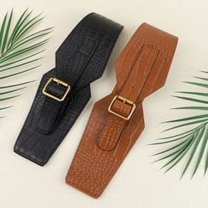 Women's wide elastic waist belt with crocodile pattern and vintage gold square buckle