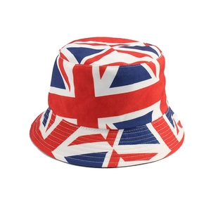 British Union Jack printed bucket hat with red white and blue patterns on cotton canvas