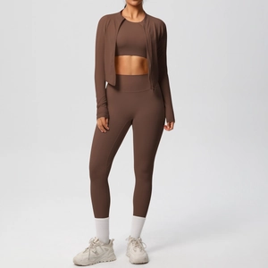 Coffee brown three-piece yoga set featuring zip jacket, sports bra and high waist leggings