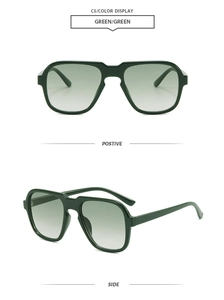 Detail showing oversized green geometric sunglasses with gradient lenses and side view