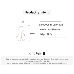 Detailed size chart for golden rhinestone body chain showing 80cm length and 37.7g weight