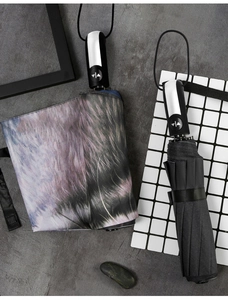 Detailed view of the automatic folding mechanism and ergonomic handle on black umbrellas