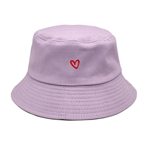 Lavender cotton bucket hat with red heart embroidery for sun protection and casual wear