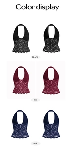 Y2K lace halterneck tops in zwart, rood en blauw met voor- en achteraanzichten
