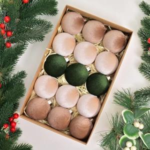 Set of 15 velvet Christmas ornaments in dark green and beige in a craft gift box