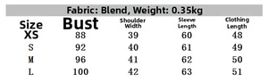 Size guide with bust and shoulder measurements for the street style hooded cotton jacket