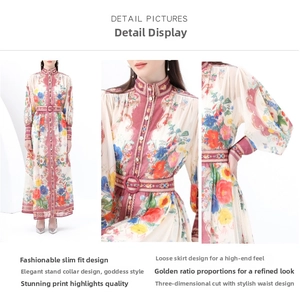 Detail view of floral print long maxi dress with stand collar and belted waist design