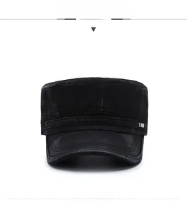 Front view of black vintage washed cotton flat top military cap with silver side logo