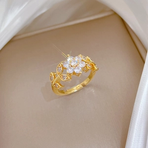 Elegant gold flower ring with sparkling zircon stones and adjustable open band design