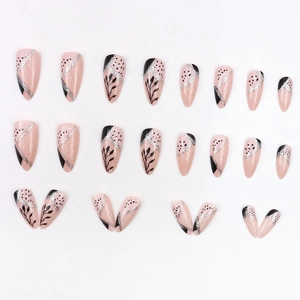 24pcs almond press-on nails with black leaves, pink base and silver glitter lines