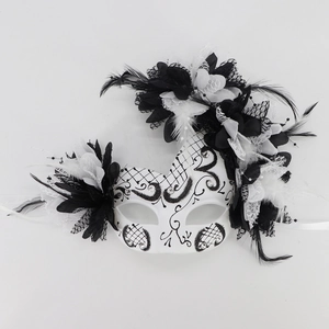 Detail of masquerade mask featuring black and white lace, feathers, and sparkling rhinestones