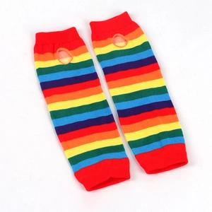 Rainbow striped knit arm warmers with thumb holes for festival and pride party costumes