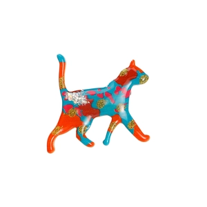 Colorful acetate cat brooch with vibrant orange and blue patches on white background