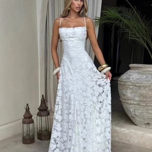 Sexy Damen Maxikleid Jacquard Spaghettiträger Rückenfrei Kreuzbandage Slim Fit Party Abendkleid Lang