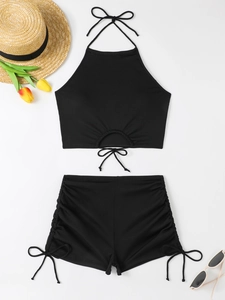 Two-piece black ribbed bikini set with halter top and drawstring shorts for summer vacation
