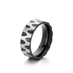 Polished silver and black waved sandblasted stainless steel ring for men in industrial style