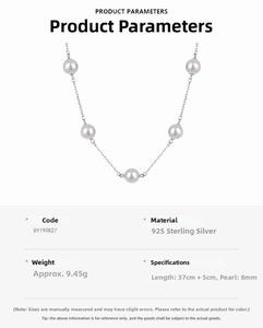 Detail of S925 sterling silver necklace with five 8mm freshwater pearls and adjustable chain