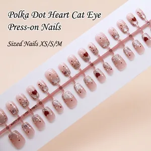 Short Square Press On Nails Sweet Pink Gradient Cat Eye Heart Polka Dot Fake Nails Cute Artificial Nails For Women