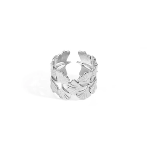 Polished silver titanium steel ginkgo leaf open ring with detailed vein texture