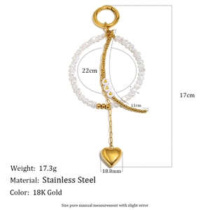 Porte-clés cœur en acier inoxydable plaqué or 18K avec perles et chaîne à plusieurs niveaux