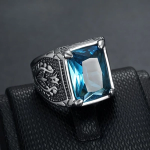 Retro stainless steel ring for men with rectangle blue gemstone and tulip engraving
