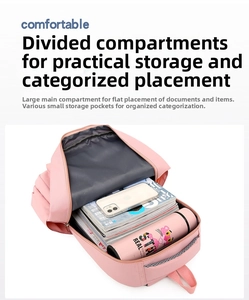 Internal view of pink backpack showing large storage capacity and layered compartments