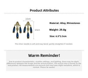 Vintage gold drop earrings with blue enamel and crystals showing 6.5x2.3cm dimensions