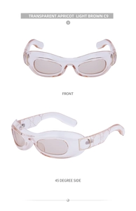 Front and side view of oval Y2K sunglasses in transparent apricot with light brown lenses