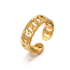 18K gold plated Cuban link chain ring featuring a minimalist adjustable open band design