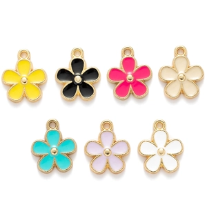 Set of 7 colorful enamel flower pendants in alloy with gold trim for DIY jewelry making