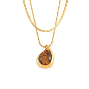Stainless Steel Double Layer Snake Chain Necklace With Water Drop Tiger's Eye Pendant Elegant Gold Plated Jewelry For Women