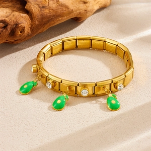 Italian style gold stainless steel bracelet with green avocado enamel charms and crystals