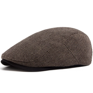 Classic coffee brown herringbone flat cap for men with vintage British wool-like texture