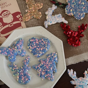 Sparkling Sequin Christmas Tree Reindeer Star Heart Patches For DIY Holiday Decoration Ornaments Glitter Fabric Applique