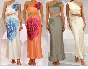 Détail d'une robe longue asymétrique avec découpe, bordure en dentelle et fini satin