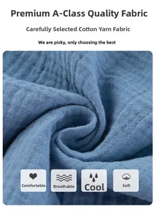 Macro detail of breathable blue cotton gauze fabric with soft A-grade texture