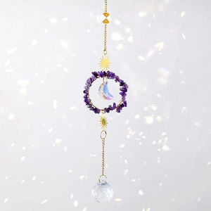 Hanging crystal suncatcher with purple amethyst, golden moon pendant and prism ball