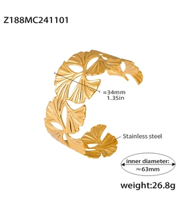 Detailed specs of the 18k gold plated stainless steel ginkgo leaf open cuff bracelet