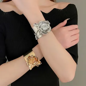 Chic 3D rose metallic open cuff bracelet in gold and silver finish for women