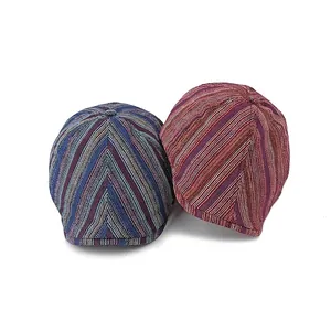 Casquette gavroche rétro à rayures style ethnique pour hommes et femmes en tricot doux