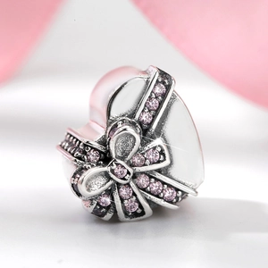 S925 sterling silver heart charm with pink zircon bow, high-quality jewelry DIY bead