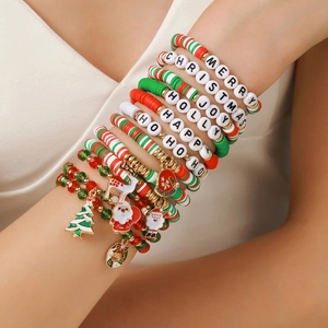 Christmas Beaded Bracelet Multi Layer Polymer Clay Alloy Enamel Santa Reindeer Pendants Letter Beads Festive Jewelry