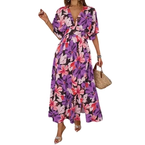 Damen Sommer V-Ausschnitt Maxi-Blumenkleid mit Gummizug und lila Blumenmuster