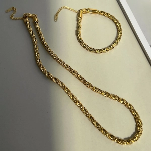 18K gold plated stainless steel 5mm twisted rope chain necklace and bracelet jewelry set