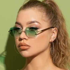 Rimless Polygon Sunglasses For Women Gradient Lens Fashion Retro Octagon Metal And Wood Grain Temple UV400 Eyewear