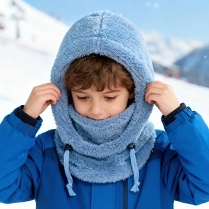 Detail of blue plush thermal hood with adjustable drawstring for winter outdoor protection
