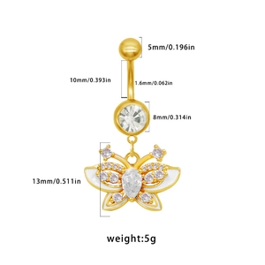 Größentabelle für goldene Schmetterling-Bauchnabelpiercing mit weißer Emaille und Zirkonia
