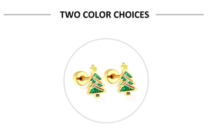 Detail of Christmas tree stud earrings with green enamel and gold finish on white background